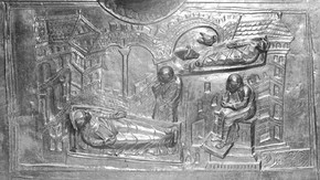 Bronze door, Hildesheim Cathedral, Germany, detail showing the Nativity, plaster cast of the original of 1015. Museum no. 1874-44