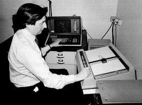 John Lansdown using a Teletype (an electro-mechanical typewriter), about 1969-1970. Courtesy the estate of John Lansdown
