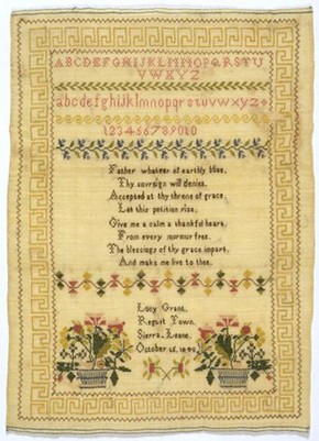 Sampler, 1840. Museum no. T.54-1934. Given by William Barratt (click image for larger version)