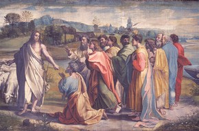 Raphael, Christ's Charge to Peter, 1515-16 Bodycolour on paper mounted onto canvas (tapestry cartoon), 340 x 530 cm Lent by H.M. The Queen