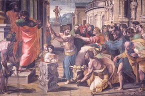 Raphael, The Sacrifice at Lystra, 1515-16 Bodycolour on paper mounted onto canvas (tapestry cartoon), 350 x 560cm Lent by H.M. The Queen