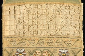 Sampler, Elizabeth Short, 1661. Museum no. T.131-1961. Given by Mrs Q. Toogood, in memory of C. R. Abbott