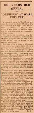 Newspaper review of Monteverdi's Orfeo, 29 December 1929