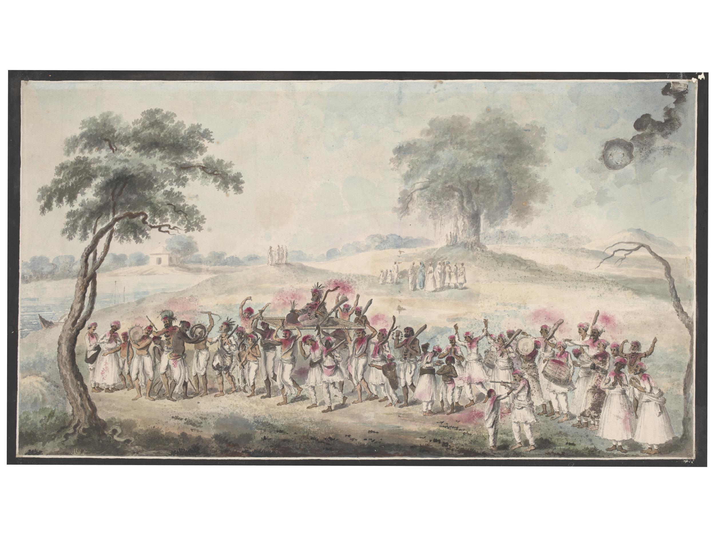 The Holi festival in Calcutta / Murshidabad during the 1850s features men daubed with red powder dancing, singing and drumming towards a tank. In the centre, a man is being carried on a flat charpoy 
 <br><br><hr> In 20-Holi-Pictures: Celebration through the Ages