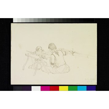 Drawing - Two boys seated whilst embroidering on either side of an embroidery frame Drawing - Two boys seated whilst embroidering on either side of an embroidery frame