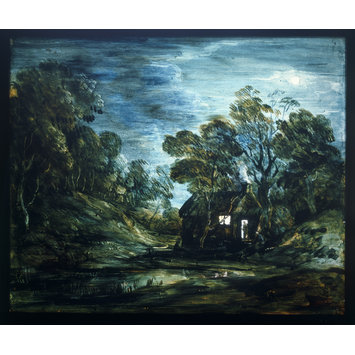 Wooded Moonlight Landscape With Pool And Figure At The Door Of A