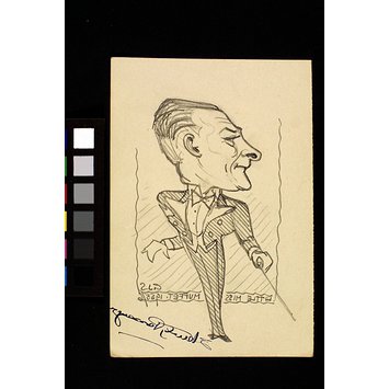 Caricature - Stewart Passenger conducting a performance of <font -i>Little Miss Muffet</font ->, Christmas 1955 Caricature - Stewart Passenger conducting a performance of <font -i>Little Miss Muffet</font ->, Christmas 1955