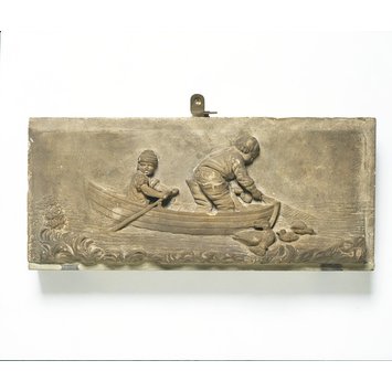 Relief - Two boys fishing from a boat Relief - Two boys fishing from a boat
