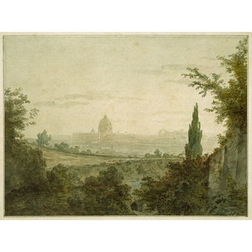Watercolour - St. Peter's in Rome : View from above the Arco Scuro, near Pope Julius' Villa Watercolour - St. Peter's in Rome : View from above the Arco Scuro, near Pope Julius' Villa