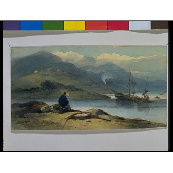 Watercolour - A Chinese River, with a figure on the bank Watercolour - A Chinese River, with a figure on the bank