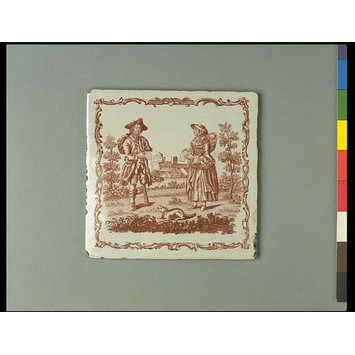 Tile - A One-legged beggar and his companion singing ballads Tile - A One-legged beggar and his companion singing ballads