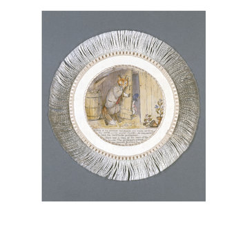 textile - Circular place mat showing Mr Tod shutting Jemima in the shed textile - Circular place mat showing Mr Tod shutting Jemima in the shed