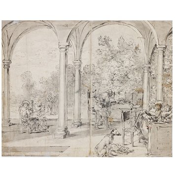 Drawing - recto: Elegant couple in a curtained loggia with servant bringing food to a table Drawing - recto: Elegant couple in a curtained loggia with servant bringing food to a table