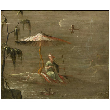 Oil painting - A Chinese Dignitary Riding a Fish (one of eleven panels with Chinoiserie decoration) Oil painting - A Chinese Dignitary Riding a Fish (one of eleven panels with Chinoiserie decoration)