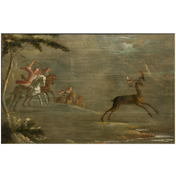 Oil painting - A Band of Tartar Horsemen Hunting an Elk (one of eleven panels with Chinoiserie decoration) Oil painting - A Band of Tartar Horsemen Hunting an Elk (one of eleven panels with Chinoiserie decoration)
