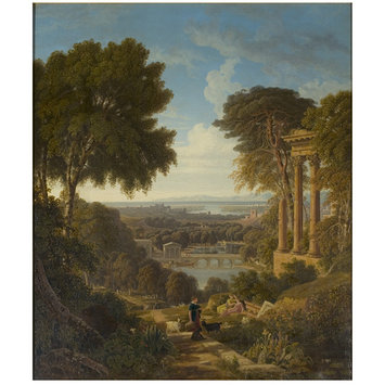 Oil painting - Landscape with Classical ruins, figures and goats
