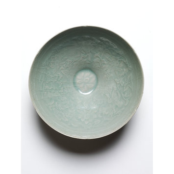 Bowl - Celadon Bowl with Raised Lotus and Boy Design Bowl - Celadon Bowl with Raised Lotus and Boy Design