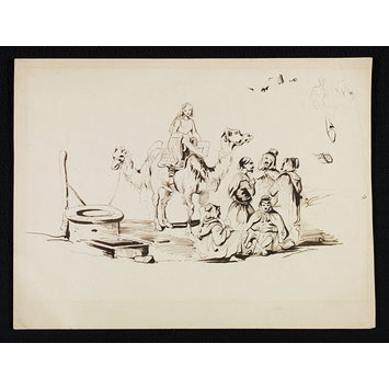 Drawing - Group of Arab men, with woman mounted on a camel, at a well Drawing - Group of Arab men, with woman mounted on a camel, at a well