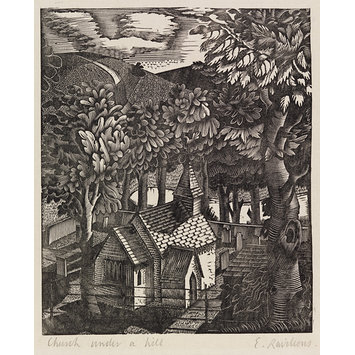 Wood engraving - Church under a hill Wood engraving - Church under a hill