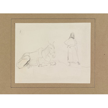 Drawing - A horse or mule, resting, with an Arab Drawing - A horse or mule, resting, with an Arab