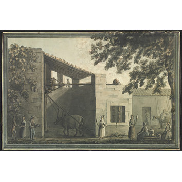Watercolour - Mode of drawing or raising water at a farm near Syracuse On the back, sketch of an ox Watercolour - Mode of drawing or raising water at a farm near Syracuse On the back, sketch of an ox