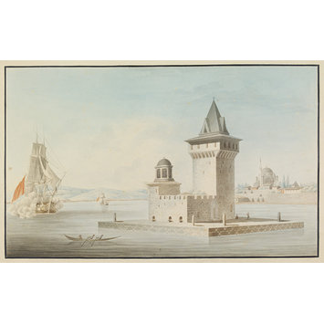 Watercolour - Kiz Kulesi (Leander's or Maiden's Tower) in the Bosphorus with Ayazma Camii near the shore at Üsküdar (Scutari) Watercolour - Kiz Kulesi (Leander's or Maiden's Tower) in the Bosphorus with Ayazma Camii near the shore at Üsküdar (Scutari)