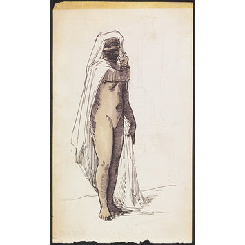 Drawing - Figure of an Arab Girl, standing, naked except for her veil. On the back, sketch of a girl carrying a water jar Drawing - Figure of an Arab Girl, standing, naked except for her veil. On the back, sketch of a girl carrying a water jar