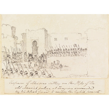 Drawing - Emperor of Morocco sitting on the Steps of the old Moorish palace at Tangiers surrounded by his black Guard to receive the English presents Drawing - Emperor of Morocco sitting on the Steps of the old Moorish palace at Tangiers surrounded by his black Guard to receive the English presents