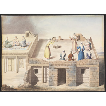 Watercolour - Scene with Women and a Man, playing music, dancing, and conversing, on roofs of buildings, possibly in the Caucasus Watercolour - Scene with Women and a Man, playing music, dancing, and conversing, on roofs of buildings, possibly in the Caucasus