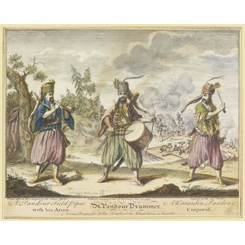Engraving - A Pandour Field Piper with his Arms. A Pandour Drummer. A Warasdin Pandour Corporal. Engraving - A Pandour Field Piper with his Arms. A Pandour Drummer. A Warasdin Pandour Corporal.