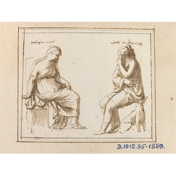 drawing - Enthroned figure of Persephone (motif from a relief of the life of Persephone) and grieving figure of Diana (motif from a relief of the death of Meleager) drawing - Enthroned figure of Persephone (motif from a relief of the life of Persephone) and grieving figure of Diana (motif from a relief of the death of Meleager)