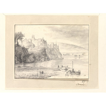 Drawing - A fantasy town or monastery on a rocky promontory overlooking a river Drawing - A fantasy town or monastery on a rocky promontory overlooking a river