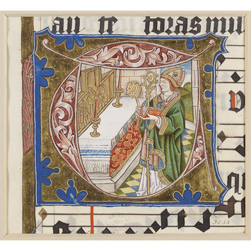 Manuscript - Part of a leaf from a Choirbook with a historiated initial T Manuscript - Part of a leaf from a Choirbook with a historiated initial T