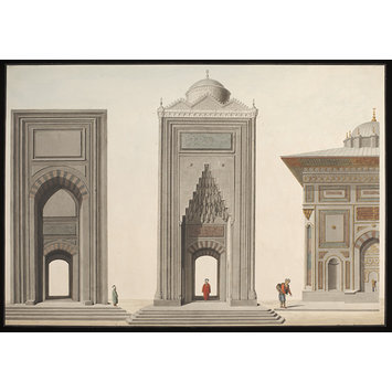 Watercolour - Elevations of two mosque portals, and part of the Hekimoglu Ali Pasha Fountain at Kabatas Watercolour - Elevations of two mosque portals, and part of the Hekimoglu Ali Pasha Fountain at Kabatas