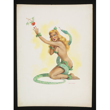 Watercolour - 'Pin-up' girl as Eve with the serpent Watercolour - 'Pin-up' girl as Eve with the serpent