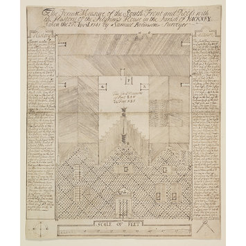 Drawing - The Form and Measure of the South Front and Roofs with the History of the Pilgrim's House in the Parish of Hackney. Taken the 20th April 1741 by Samuel Robinson surveyor. Drawing - The Form and Measure of the South Front and Roofs with the History of the Pilgrim's House in the Parish of Hackney. Taken the 20th April 1741 by Samuel Robinson surveyor.