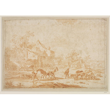 Drawing - Italianate landscape with horses and cattle drinking in a farmyard Drawing - Italianate landscape with horses and cattle drinking in a farmyard