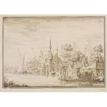 Drawing - Fantasy view of the ruins of a castle on a river, with a barge crossing the ford Drawing - Fantasy view of the ruins of a castle on a river, with a barge crossing the ford