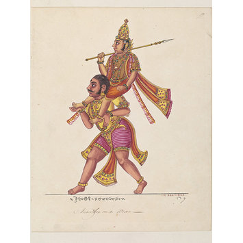 Painting - Niruti, the guardian of the south-west, riding on a man's shoulders. Painting - Niruti, the guardian of the south-west, riding on a man's shoulders.