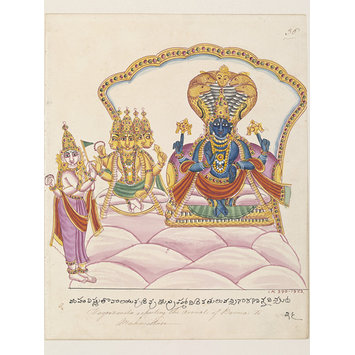 Painting - Vishnu seated in his heaven, Vaikuntha, upon the coils of the serpent of eternity, Ananta. Painting - Vishnu seated in his heaven, Vaikuntha, upon the coils of the serpent of eternity, Ananta.