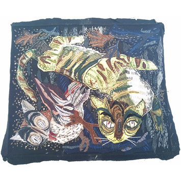 Embroidered panel - The Cat and the Owl Embroidered panel - The Cat and the Owl
