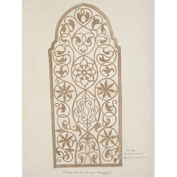 Drawing - One of thirty drawings of details of architectural stone and mother-of pearl ornament taken from rubbings and moulds of monuments in Ahmedabad, the capital seat of the Ahmad, Shahi dynasty. Drawing - One of thirty drawings of details of architectural stone and mother-of pearl ornament taken from rubbings and moulds of monuments in Ahmedabad, the capital seat of the Ahmad, Shahi dynasty.