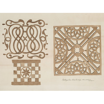 Drawing - One of thirty drawings of details of architectural stone and mother-of pearl ornament taken from rubbings and moulds of monuments in Ahmedabad, the capital seat of the Ahmad, Shahi dynasty. Drawing - One of thirty drawings of details of architectural stone and mother-of pearl ornament taken from rubbings and moulds of monuments in Ahmedabad, the capital seat of the Ahmad, Shahi dynasty.