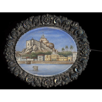 Brooch - One of six brooches with views of monuments in embossed gilt frames. Brooch - One of six brooches with views of monuments in embossed gilt frames.