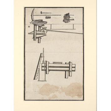 Drawing - One of seven sheets of drawings depicting implements and musical instruments. Drawing - One of seven sheets of drawings depicting implements and musical instruments.