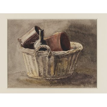 Watercolour - Still life with wicker basket, bottle and two brown vessels Watercolour - Still life with wicker basket, bottle and two brown vessels