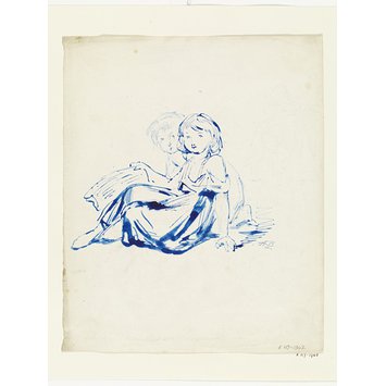 Print - A little girl seated on the ground with another child kneeling behind her Print - A little girl seated on the ground with another child kneeling behind her