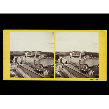Photograph - Stereoscopic photograph of Saltash railway station and bridge Photograph - Stereoscopic photograph of Saltash railway station and bridge