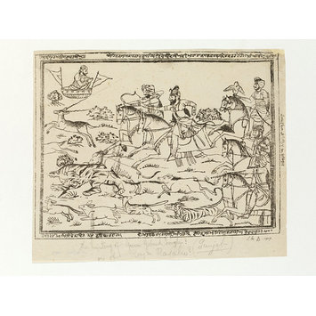 Woodcut - Guru Gobind Singh hunting Woodcut - Guru Gobind Singh hunting