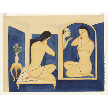 Kalighat painting - Sneaking into the mirror Kalighat painting - Sneaking into the mirror
